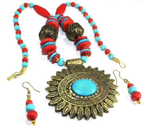 Flower Medallion Boho Necklace & Earrings Set - jenshomeandgardendecor