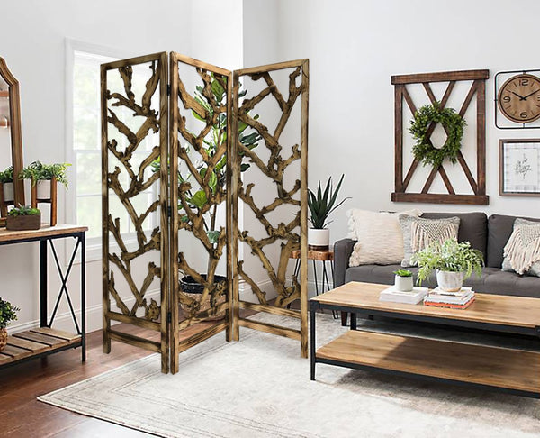 Rustic Earthy Wood Root Three Panel Room Divider Screen - jenshomeandgardendecor