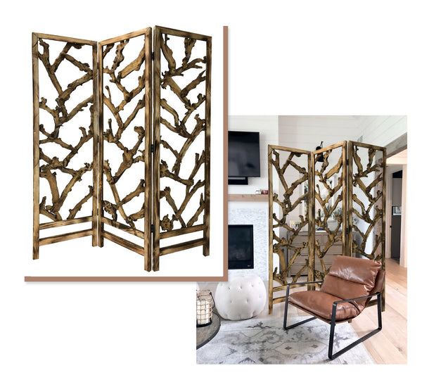 Rustic Earthy Wood Root Three Panel Room Divider Screen - jenshomeandgardendecor