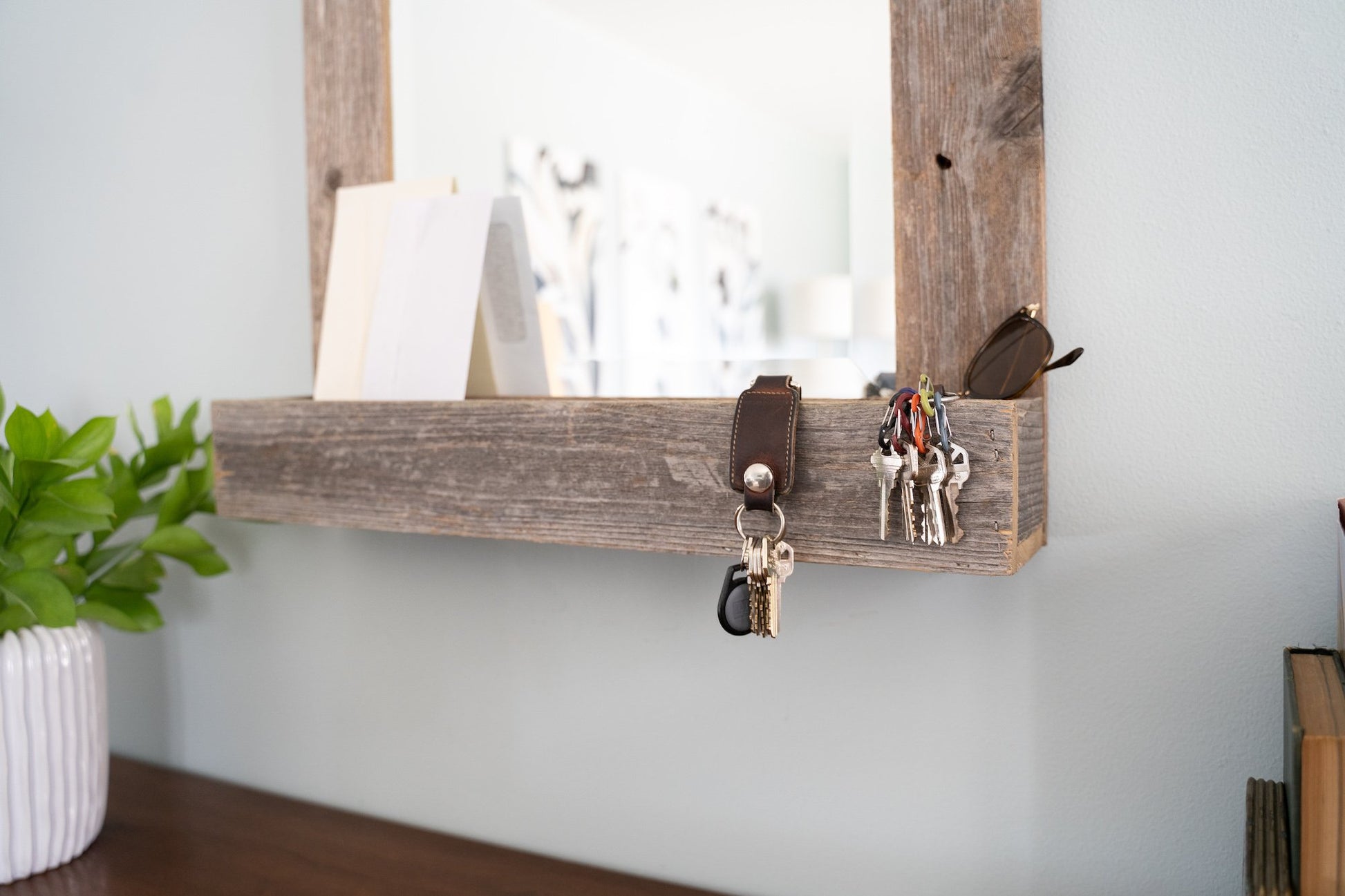 Rustic Weathered Gray Reclaimed Wood Plank Mirror with Shelf - jenshomeandgardendecor