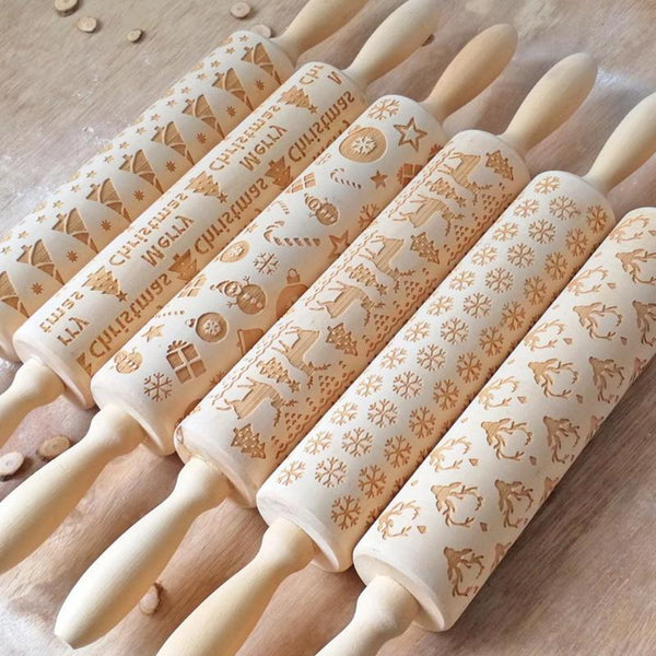 Christmas Rolling Pin Wooden Christmas Embossing - jenshomeandgardendecor