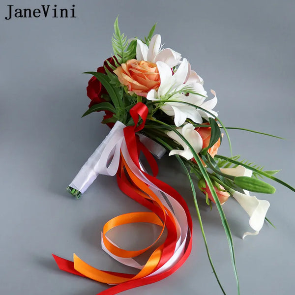 Elegant Orange Rose Waterfall Wedding Bouquet