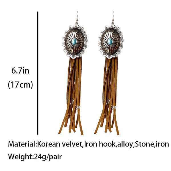 Western Concho Long Tassel Turquoise Earrings - jenshomeandgardendecor