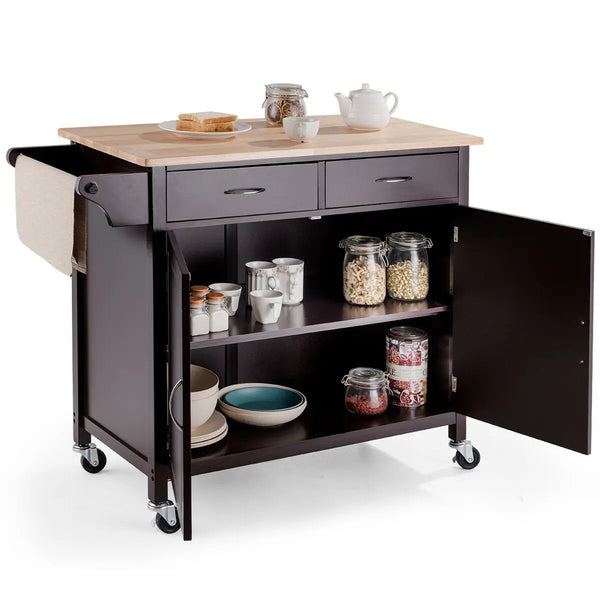 Rolling Kitchen Cart Island Wood Top Storage Trolley - jenshomeandgardendecor