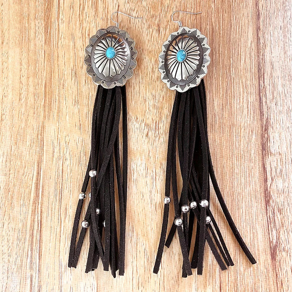 Western Concho Long Tassel Turquoise Earrings - jenshomeandgardendecor