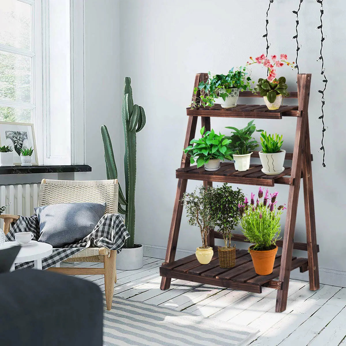 3 Tier Outdoor Wood Design Flower Pot Shelf - jenshomeandgardendecor