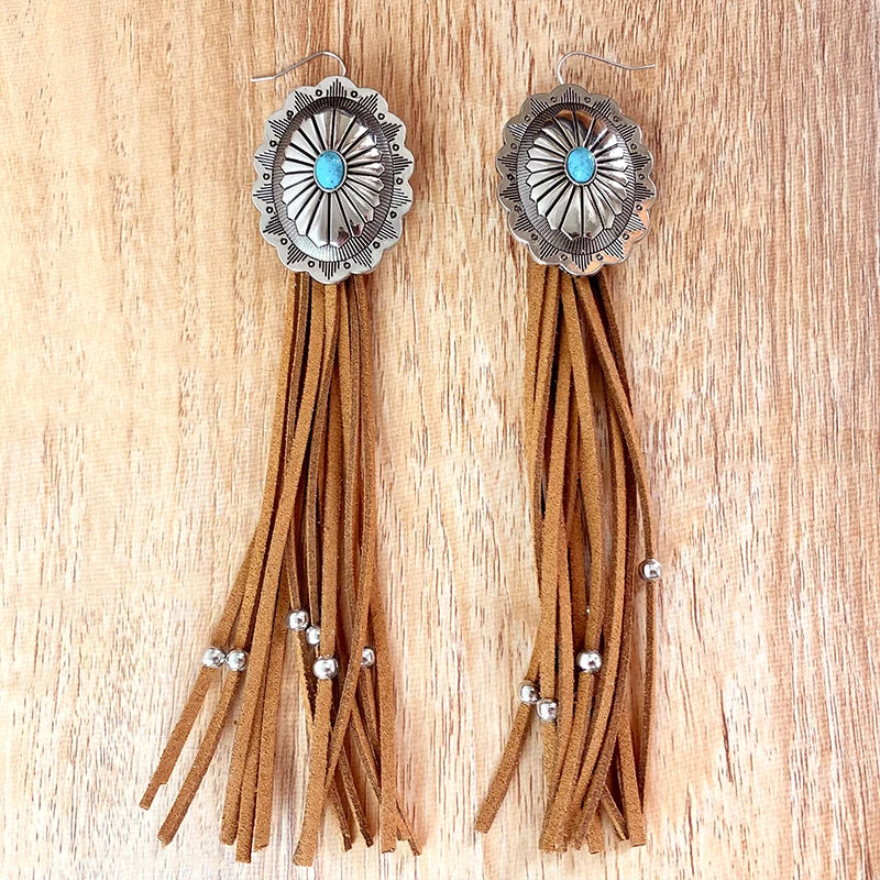 Western Concho Long Tassel Turquoise Earrings - jenshomeandgardendecor