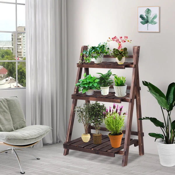 3 Tier Outdoor Wood Design Flower Pot Shelf - jenshomeandgardendecor