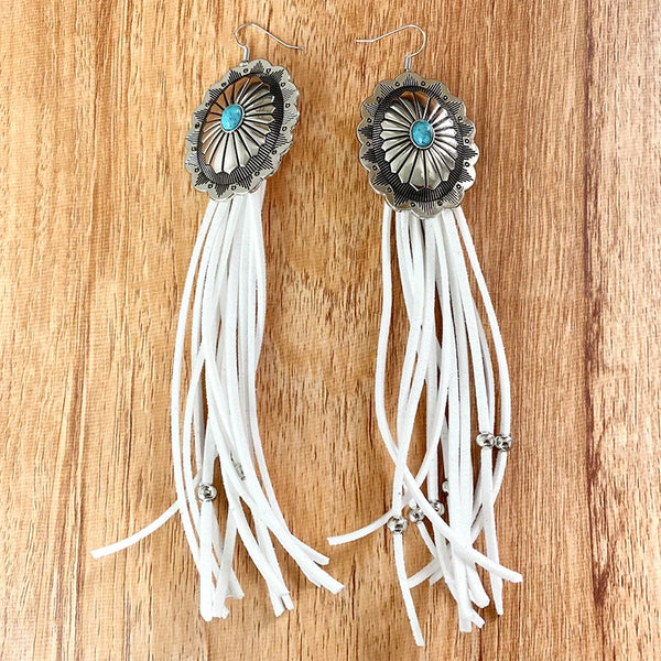 Western Concho Long Tassel Turquoise Earrings - jenshomeandgardendecor