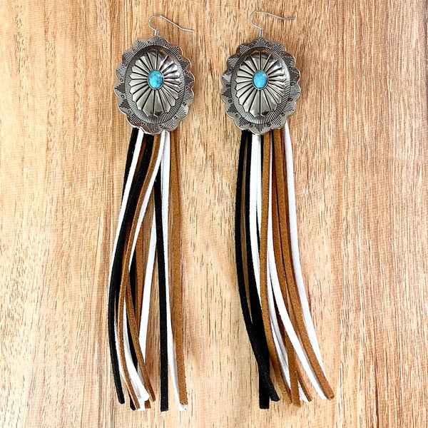 Western Concho Long Tassel Turquoise Earrings - jenshomeandgardendecor