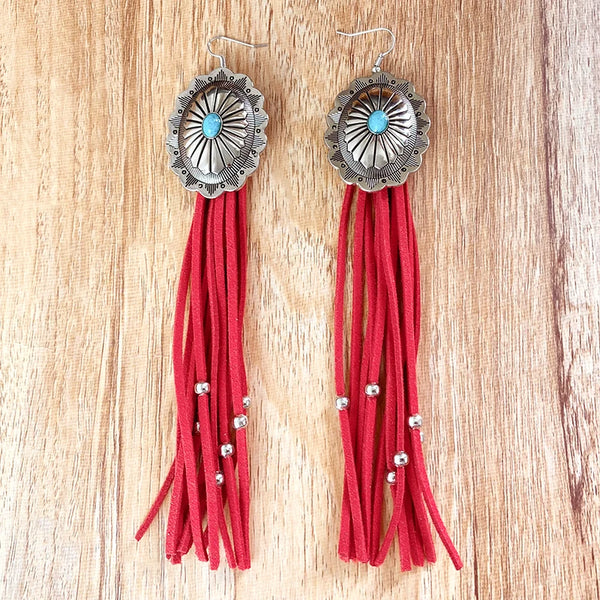 Western Concho Long Tassel Turquoise Earrings - jenshomeandgardendecor