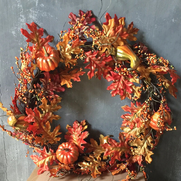 22 inch Autumn Harvest Fall Pumpkin and Leaves Wall Door Wreath