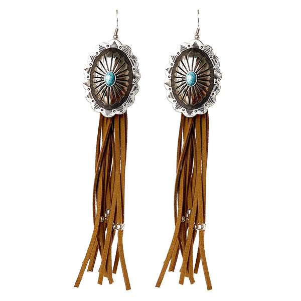 Western Concho Long Tassel Turquoise Earrings - jenshomeandgardendecor