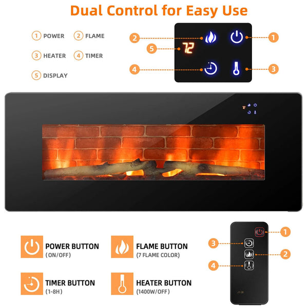 Electric Fireplace Wall Mounted Freestanding Heater Remote Control 1500W - jenshomeandgardendecor