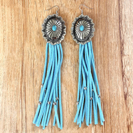 Western Concho Long Tassel Turquoise Earrings - jenshomeandgardendecor