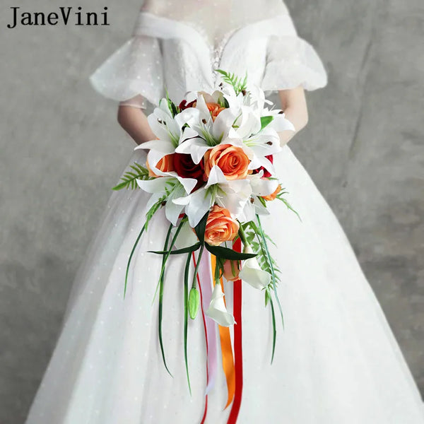 Elegant Orange Rose Waterfall Wedding Bouquet