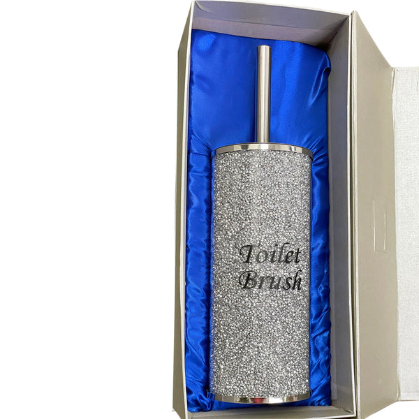 Toilet Brush Holder with Brush in Gift Box, Silver Crushed Diamond - jenshomeandgardendecor