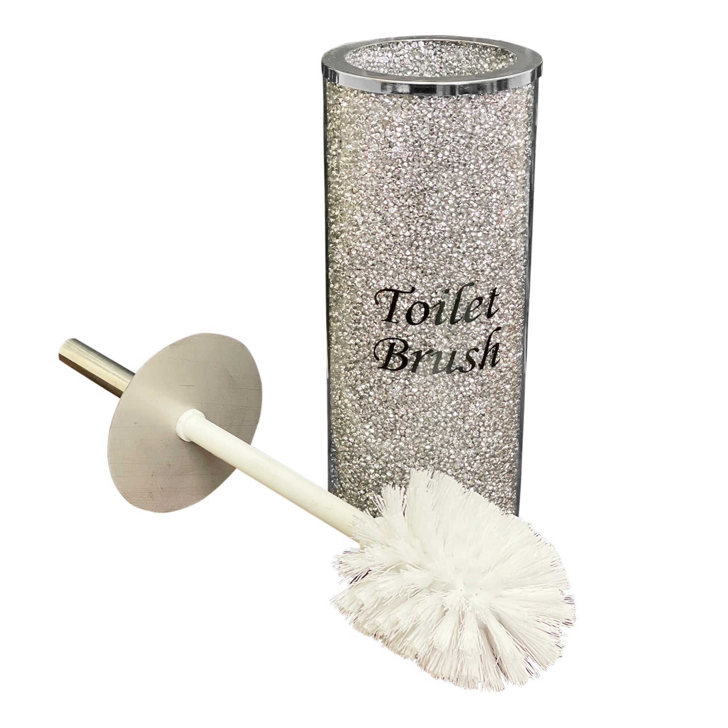 Toilet Brush Holder with Brush in Gift Box, Silver Crushed Diamond - jenshomeandgardendecor