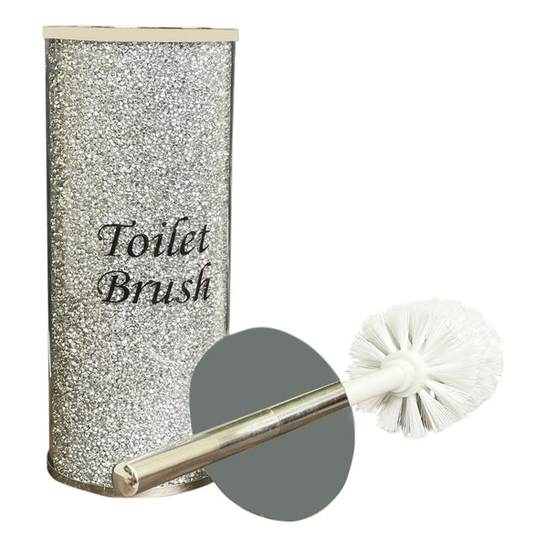 Toilet Brush Holder with Brush in Gift Box, Silver Crushed Diamond - jenshomeandgardendecor