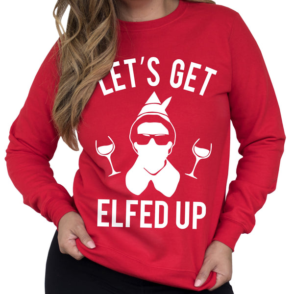 Let's Get Elfed Up Christmas Wine Crew Neck - jenshomeandgardendecor