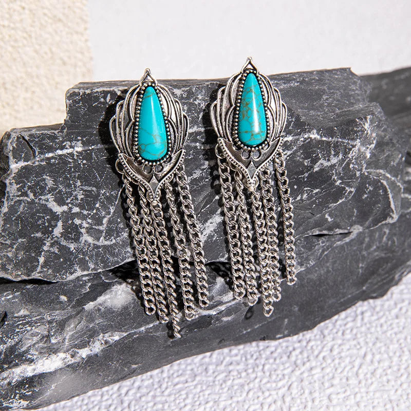 Western SilverTone Turquoise Tassel Dangle Earrings