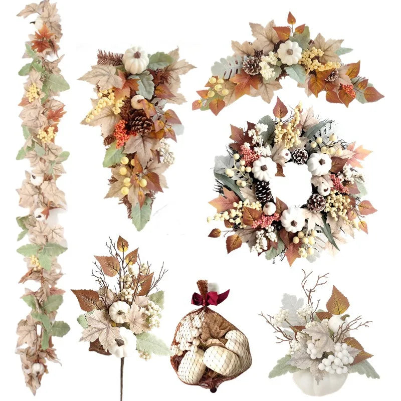 Maple Leaf White Pumpkin Wreath Rattan Set