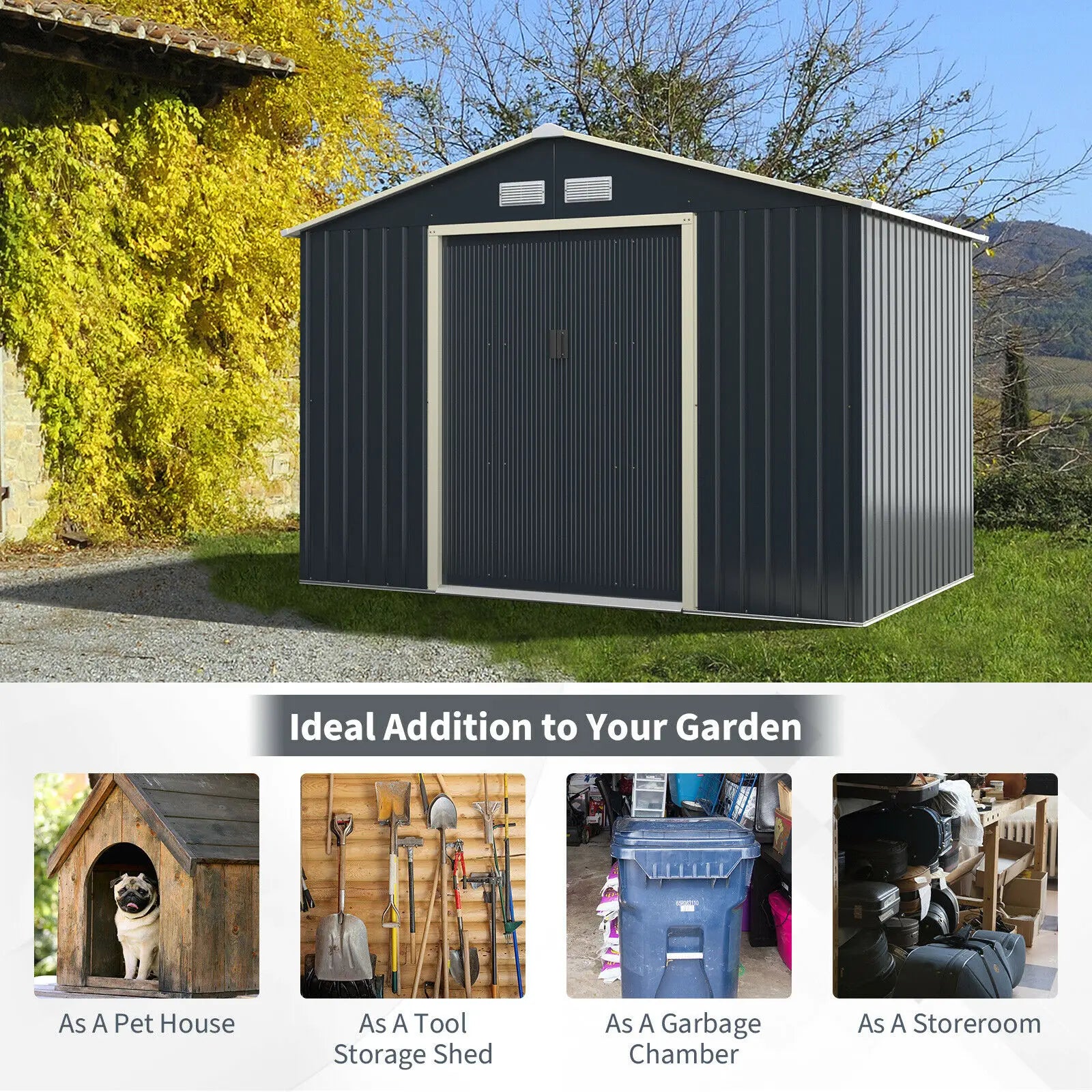 9’ X 6’ Metal Storage Shed for Garden and Tools w/Sliding Double Lockable Doors - jenshomeandgardendecor