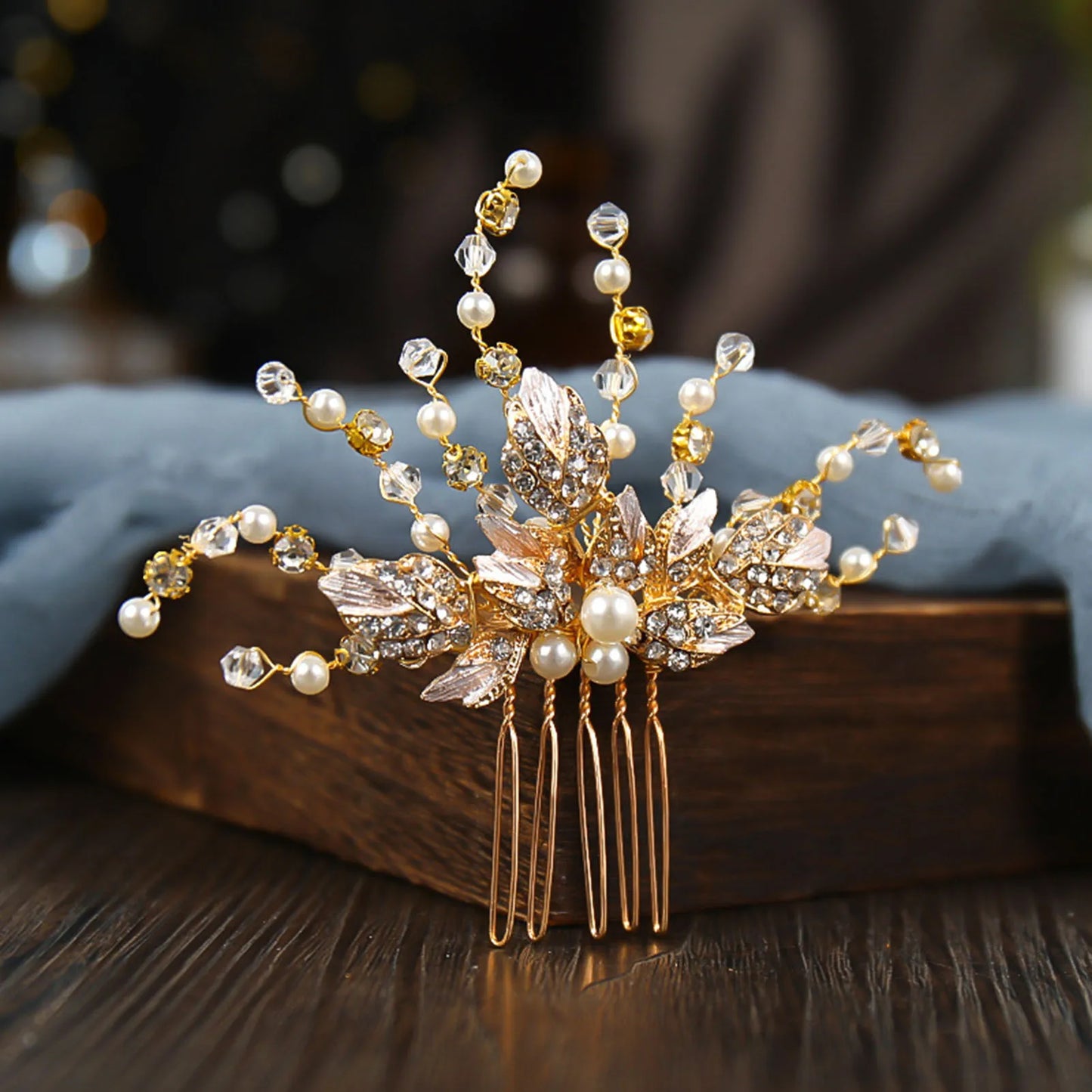 Wedding Hair Comb Side Hairpin Golden Floral Crystal