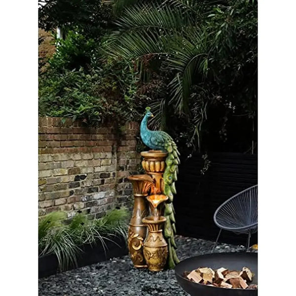 Peacock Decorative Fountain with LED Light Outdoor Resin Garden Water Feature