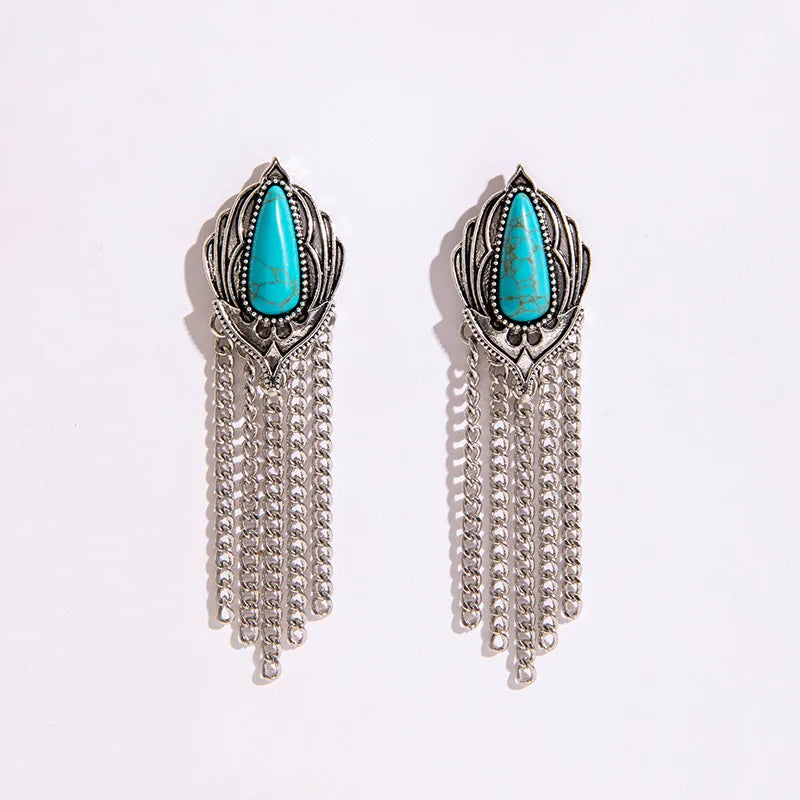 Western SilverTone Turquoise Tassel Dangle Earrings