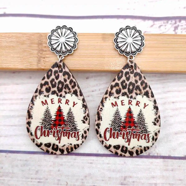 Christmas Tree Pattern Leopard Background Wood Teardrop Dangle Earrings