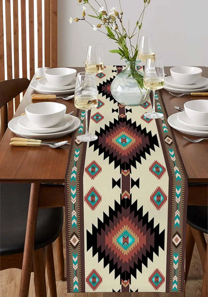 Brown Teal Southwest Linen Table Runner