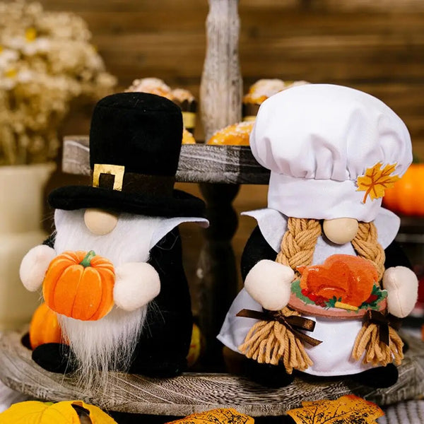 Handmade Thanksgiving Chef Gnome Dolls with Pumpkin Maple Turkey - jenshomeandgardendecor