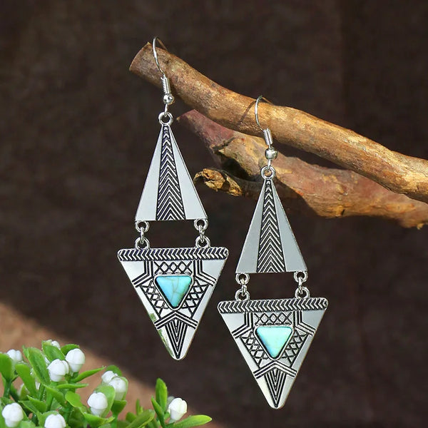 Bohemian Vintage Tibetan Silver Geometric Drop Earrings - jenshomeandgardendecor