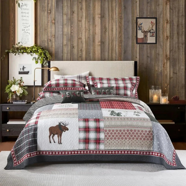 Rustic Deer Quilted Bedspread with Pillowcases for All Seasons,King,108*96 Inches - jenshomeandgardendecor