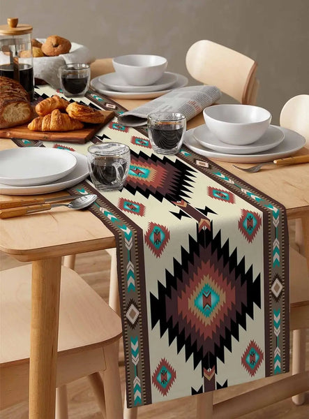 Brown Teal Southwest Linen Table Runner