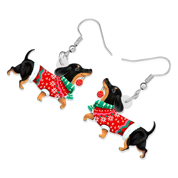 Christmas Dachshund Dog Drop Dangle Earrings