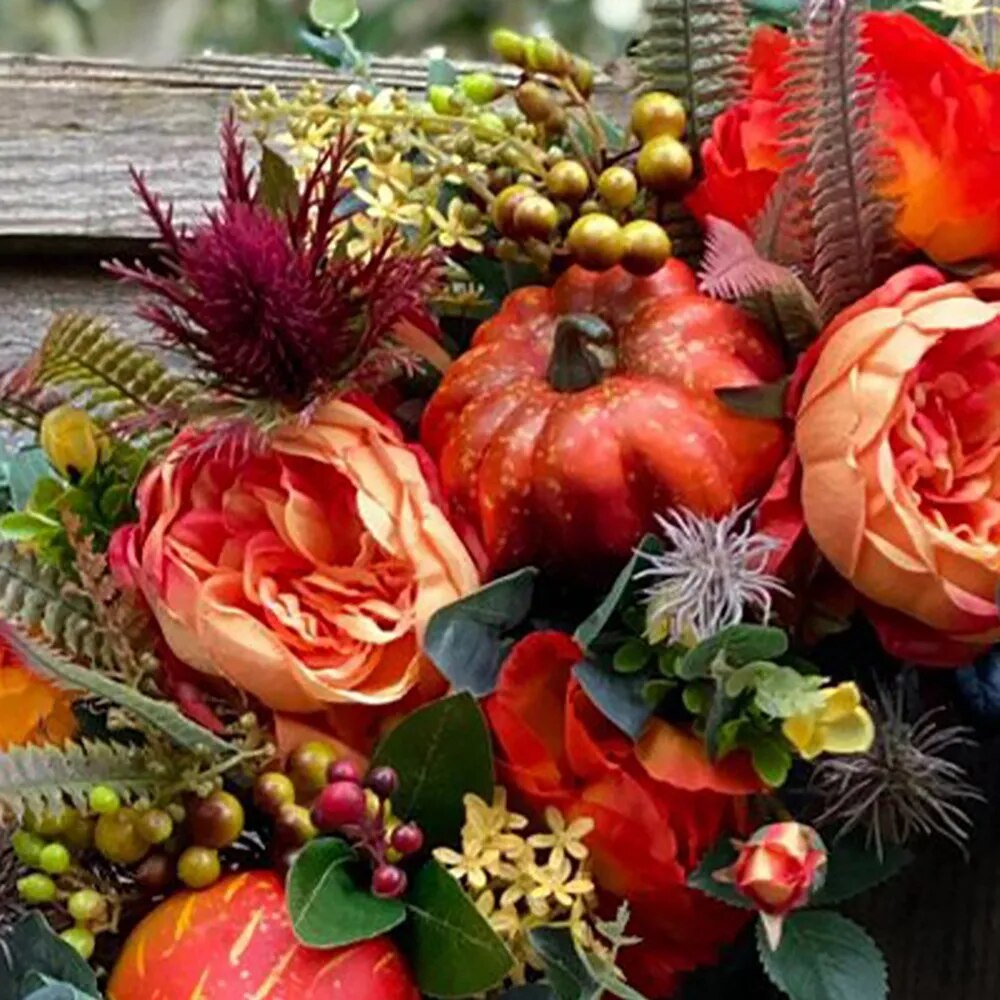 Artificial Autumn Peony And Pumpkin Wreath - jenshomeandgardendecor