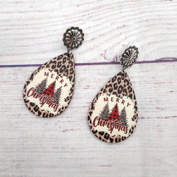 Christmas Tree Pattern Leopard Background Wood Teardrop Dangle Earrings