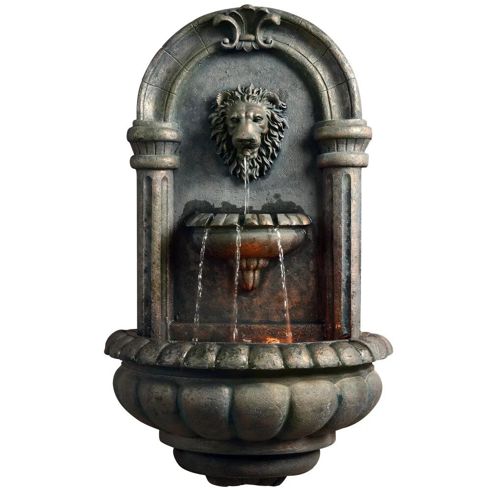 Outdoor Tiered Lion Head Stone Wall Fountain with LED Light in Antique Bronze - jenshomeandgardendecor