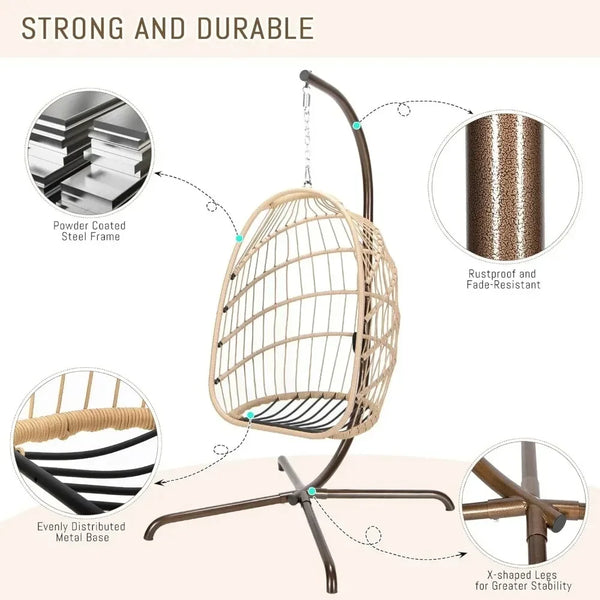 Outdoor Swing Egg Chair with Stand, 350Lbs Heavy-Duty Wicker Egg Hanging Patio Chairs W/Thick Cushion