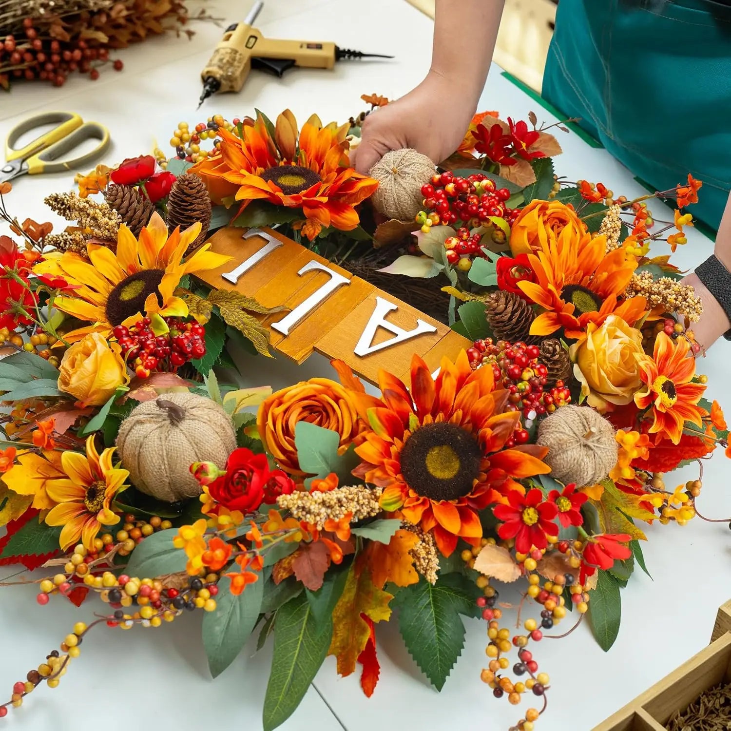 24 Inch Autumn Wreath With Sunflowers Roses Burlap Pumpkins Pinecones Wooden Sign