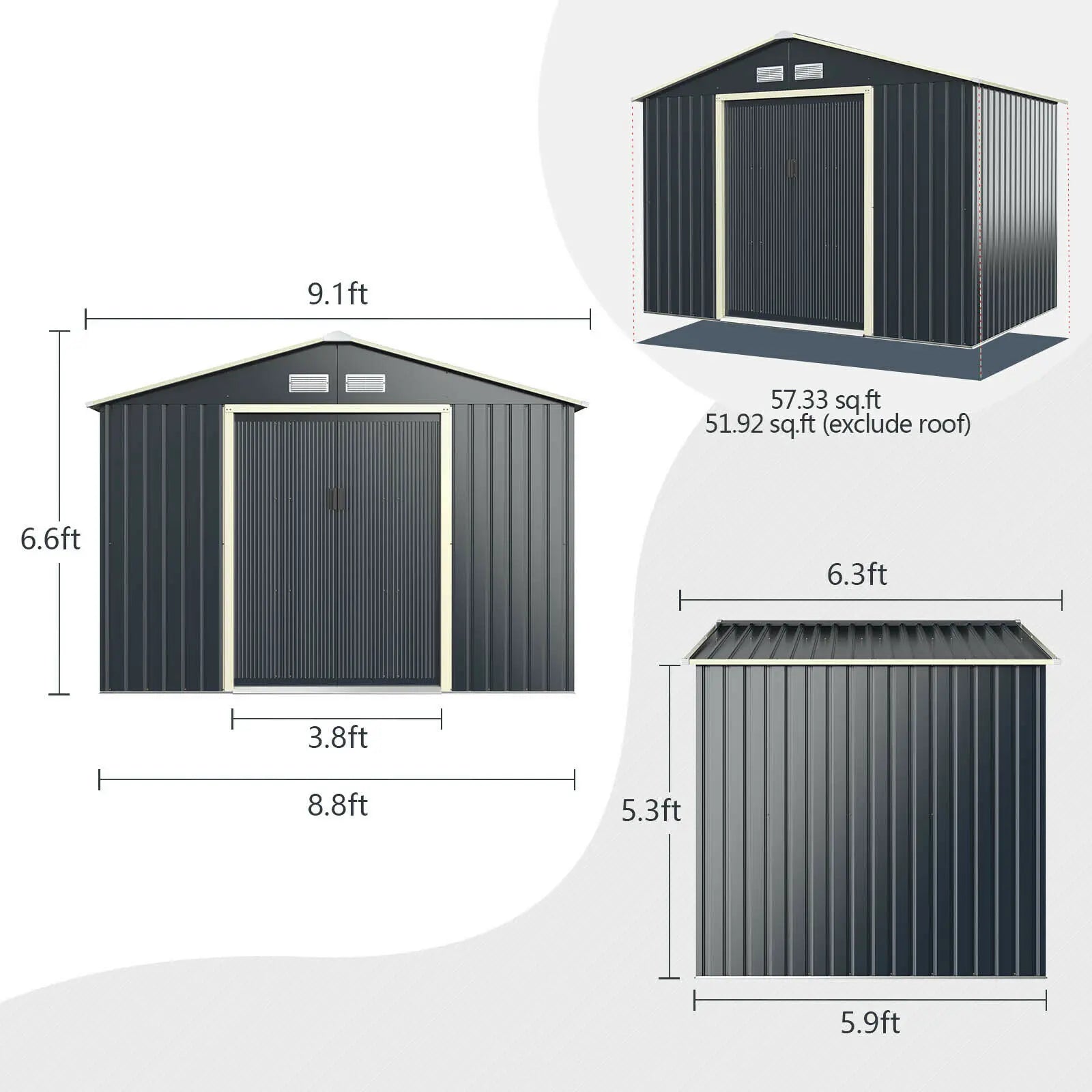 9’ X 6’ Metal Storage Shed for Garden and Tools w/Sliding Double Lockable Doors - jenshomeandgardendecor