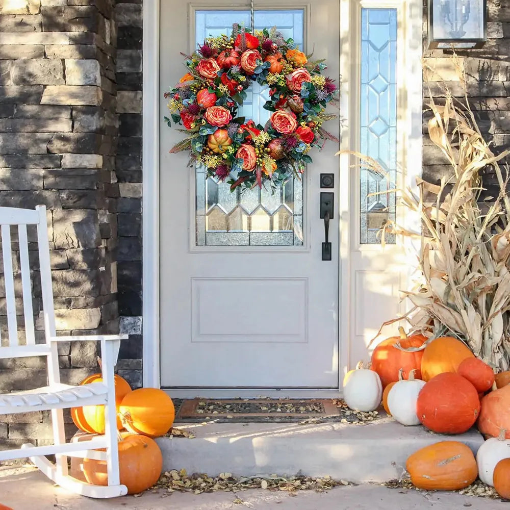 Artificial Autumn Peony And Pumpkin Wreath - jenshomeandgardendecor