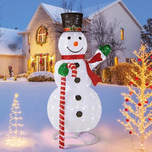 5 FT Pop-up Lighted Christmas Snowman, Large White Pre-lit Christmas Decoration with 180 LED Lights, Hat, Scarf, Indoor Outdoor