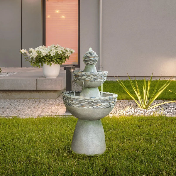 Outdoor Stone-Look 3-Tier Pedestal Floor Fountain, Gray - jenshomeandgardendecor