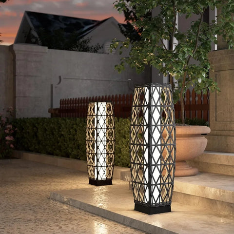 2-Piece Outdoor Solar-Powered Woven Wicker Lantern Floor Lamp