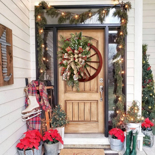 Wooden Roulette Wheel with Red Berries Christmas Wreath Indoor Outdoor