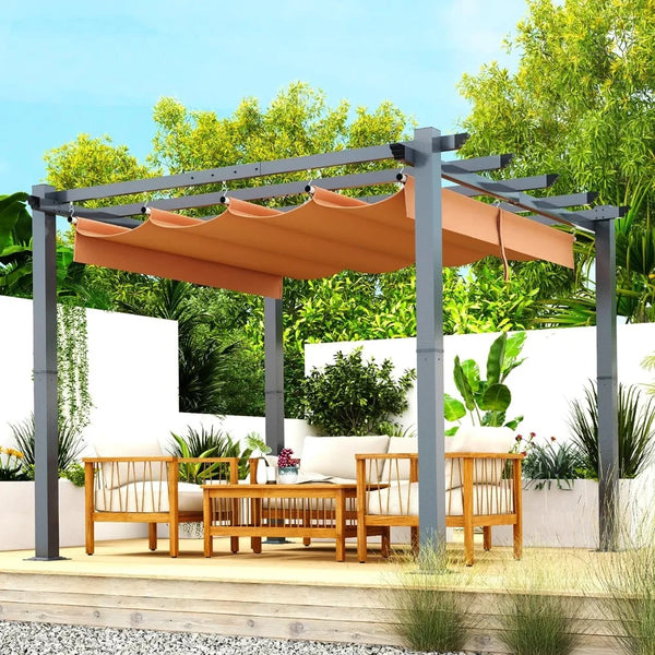 10"x10" Modern Pergola with Retractable Sun Shade Canopy