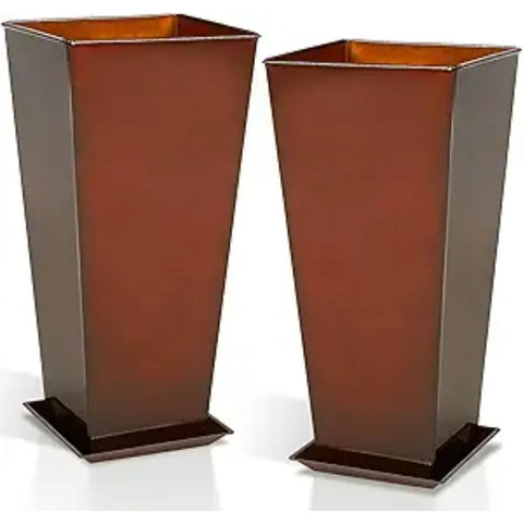 Worth Garden 28" Large Metal Glazed Planter Set of 2, Luxurious Glossy Finish Red Tall Square Tapered Steel Plant Pots